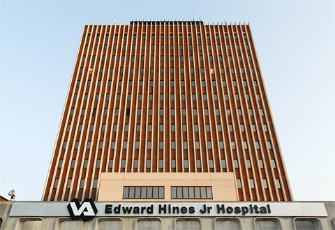 Image of the front entrance of the Edward Hines Jr. VA Hospital main tower